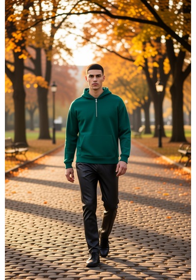 Benerly Erkek Kapüşonlu Fermuarlı Düşük Kol Uzun Kollu Kalıp Sweatshirt F Zümrüt