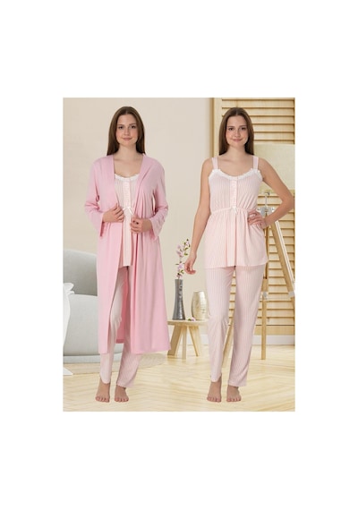 Effortt Dvina Lohusa Hamile Sabahlıklı Çizgili Desenli Ve Askılı Pijama Takımı - 3'lü Set - Pembe Pembe