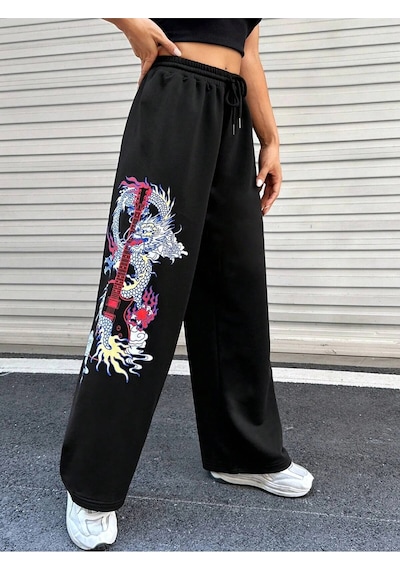 Coolane Dragon & Guitar Print Drawstring Waist 4 Mevsim Eşofman Siyah