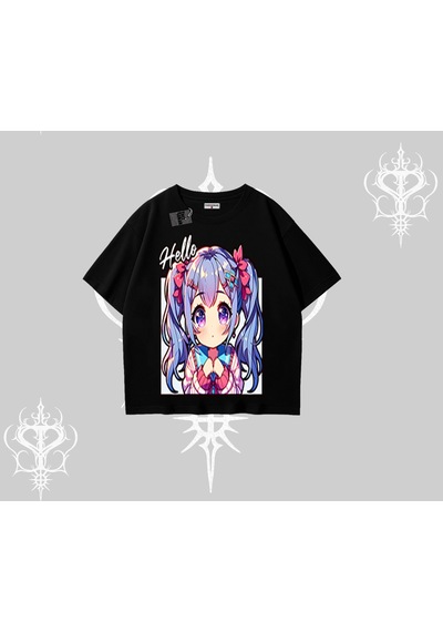 Tarzsokak Oversize Tshirt Hello Anime Kız Sevimli Karakter Baskılı Siyah Tarzsokak Oversize Tshirt Hello Anime Kız Sevimli Karakter Baskılı Siyah