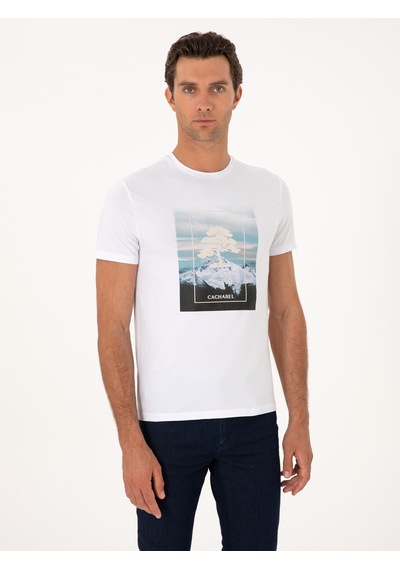 Beyaz Slim Fit Bisiklet Yaka Pamuk Karışımlı T-shirt