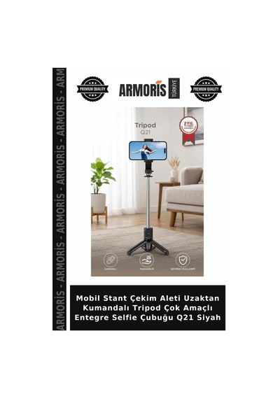 Mobil Stant Çekim Aleti Uzaktan Kumandalı Tripod Çok Amaçlı Entegre Selfie Çubuğu Q21 Siyah