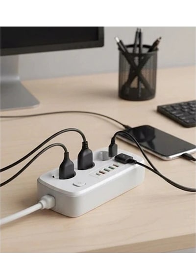 Akım Korumalı Priz Ve Masaüstü Şarj İstasyonu Kablosuz 3 Priz ,4 Usb, 2 Type-c Girişli 2 Metre 0-2