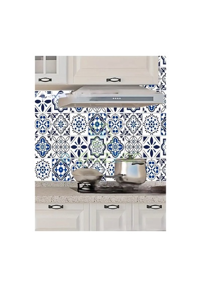 5 Metre X 60 Cm Retro Mavi Çini Desenli Mutfak Banyo Fayans Tezgah Masa Dekorasyon Yapışkanlı Folyo