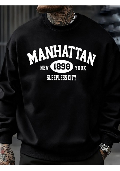 Startmore Tarzsokak Manhattan New York Sleepless City Desen Erkek Kazak Bisiklet Yaka Günlük Kazak Sonbahar Sokak Siyah