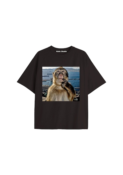 Kalic Studio Düşünen Maymun Ünisex Oversize T-shirt Siyah Altın