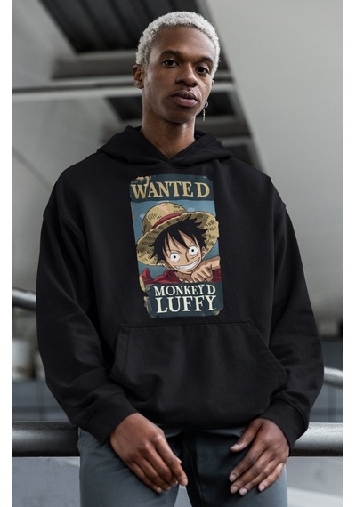 Sevbano Wanted Monkey D. Luffy Baskılı Unisex Oversize One Piece Anime Ho Siyah