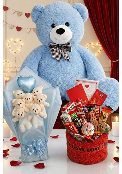 3 Lü Sevgililer Günü Hediye Seti 90 Cm Peluş Ayı, Love Çikolata Sepeti & Mavi Peluş Ayıcık Buketi