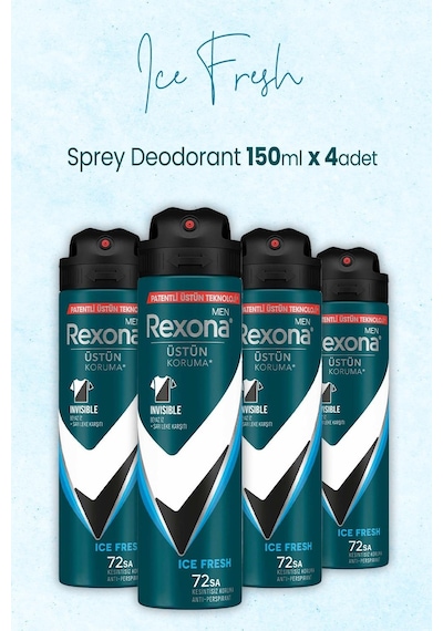 Rexona Men Invisible Ice Fresh Erkek Sprey Deodorant 4 x 150 ML
