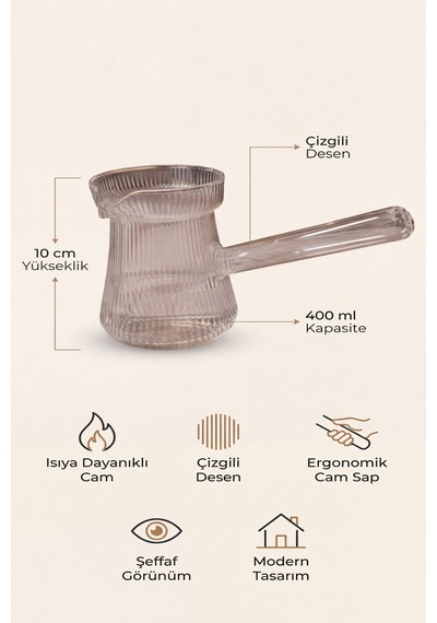 Isıya Dayanıklı Cam Cezve Çizgili 400 Ml, 10 Cm Yükseklik, Cam Türk Kahvesi Cezvesi