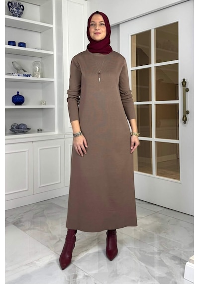 Rabia Şamlı Öykü Çelik Örme Triko Elbise Sütlü Kahve Normal
