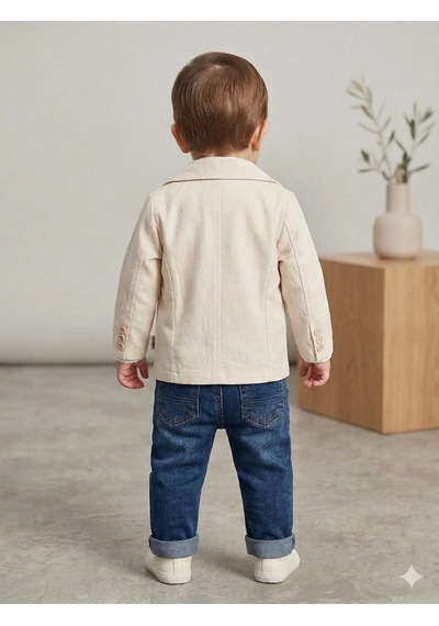 Erkek Bebek Blazer Ceketli Kot Pantolonlu 3 Lü Takım Ekru