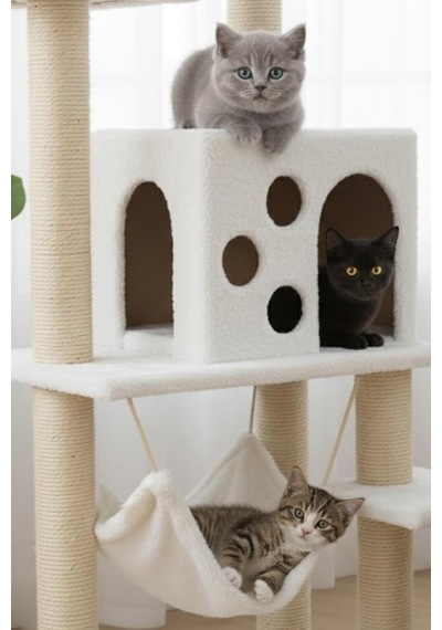 Tr Pet B-10 Hamaklı Yuvalı Lüx Kedi Tırmalama Oyun Evi Beyaz