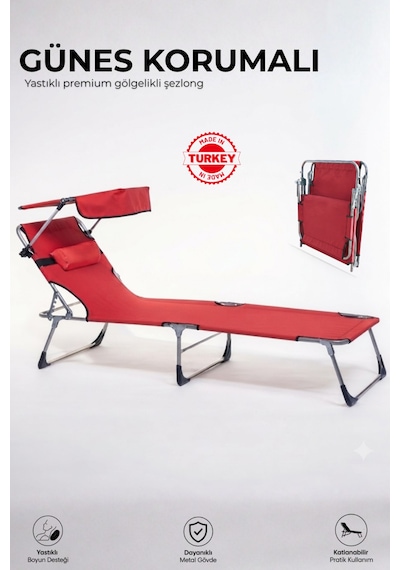Gölgelikli Premium Katlanabilir Yastıklı Lüks Şezlong Kırmızı Havuz, Bahçe, Teras Sandalyesi