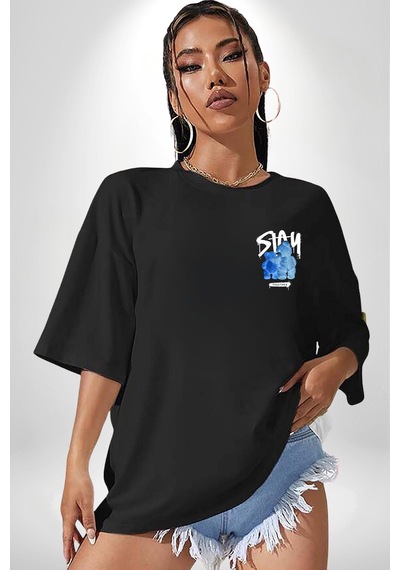 Birlikte Kal Siyah Oversize Unisex Ön Sol Yan Minimal Baskılı Tişört Koyu Siyah