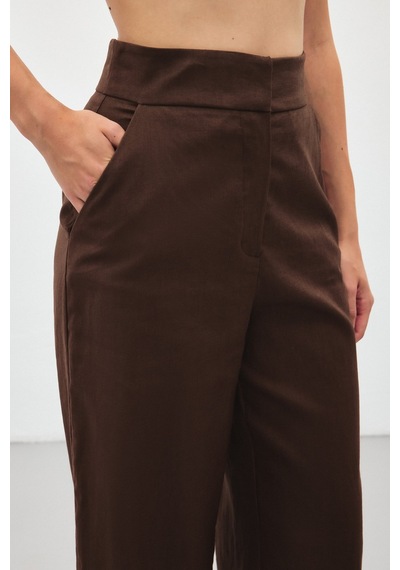 Sateen Bol Paça Keten Pantolon - Kahve-136410 Kahve
