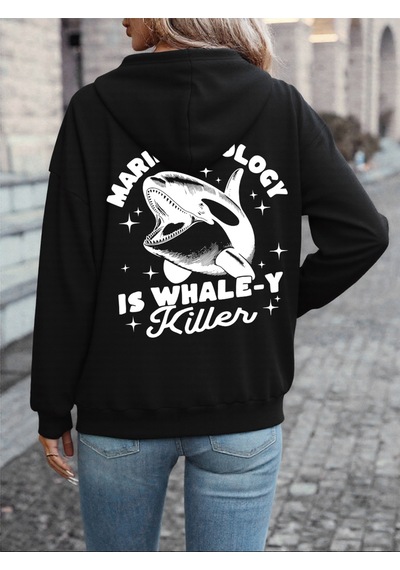 Startmore Startmoredeniz Biyolojisi Balina Katili Baskılı Kapüşonlu Üstler Kadın Temel Gevşek Sweatshirtler Kışl Siyah