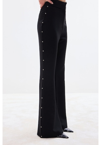 Sateen Yanları İnci Aksesuarlı Pantolon - Siyah-136823 siyah
