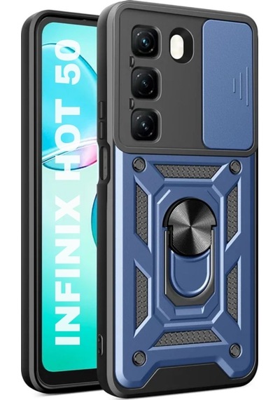 Infinix Hot 50 4G Uyumlu Tank Kılıf Yüzüklü Standlı Zırhlı Outdoor Kapak - Lacivert