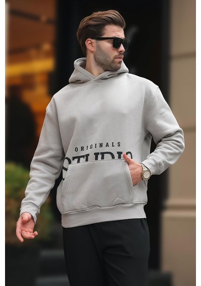 Madmext Boyalı Gri Kapüşonlu Baskılı Cep Detaylı Sweatshirt E7076 Gri
