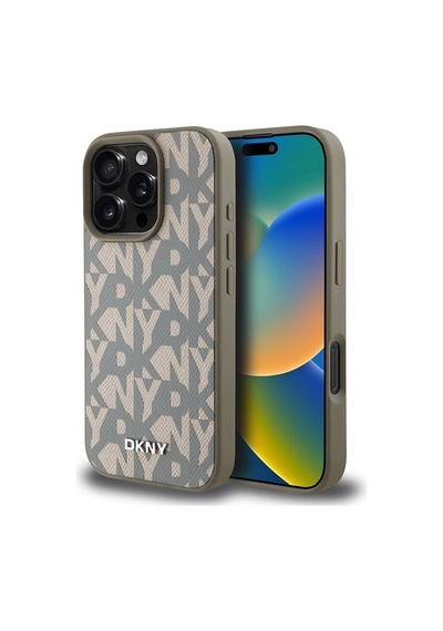 Apple Uyumlu iPhone 16 Pro Kılıf Dkny Lisanslı M-safe Şarj Özellikli 3d Yazılı Grid Pattern Kapak Gri