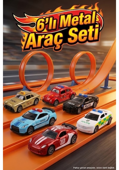 6'lı Metal Çek Bırak Oyuncak Araba Seti - Dayanıklı Diecast Gövde - Polis Taksi Araçları 8 Cm