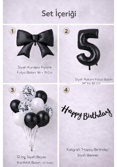 Patladı Gitti Siyah Fiyonk 5 Yaş Doğum Günü Balon Seti Siyah
