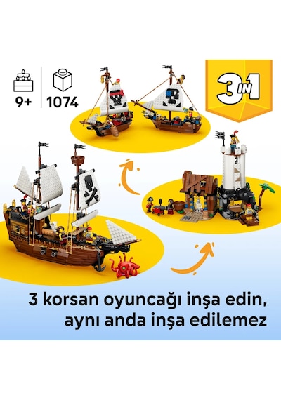 LEGO® Creator 3’ü 1 Arada İkonik Korsan Gemisi 31387 - 9+ Yaş için Kale veya İki Gemi Olabilen Oyuncak Yapım Seti (1074 Parça)