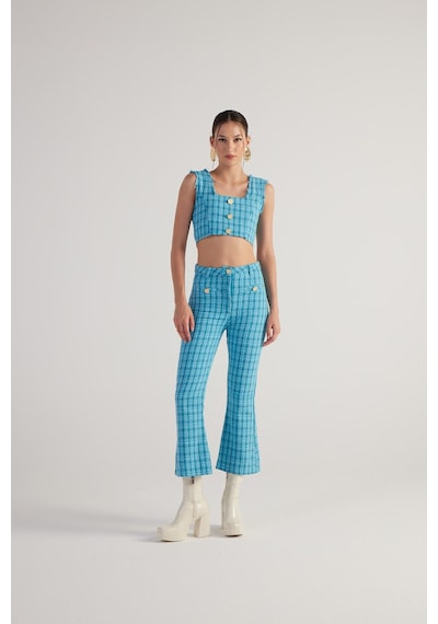 Holly Lolly İspanyol Kesim Tüvit Tweed Pantolon Mavi