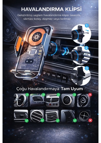Qasul C11güç, Teknoloji Ve Tasarım Bir Arada 360 Dönebilen Akıllı Araç Telefon Tutucu & Kablosuz Şarj Standı Type-c / Micro Usb / Lightning Siyah