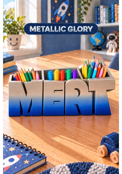 Kişiye Özel İsimli Kalemlik, 3 Bölmeli Çocuk Odası Masaüstü Organizeri İsme Özel Hediye Metallic Glory