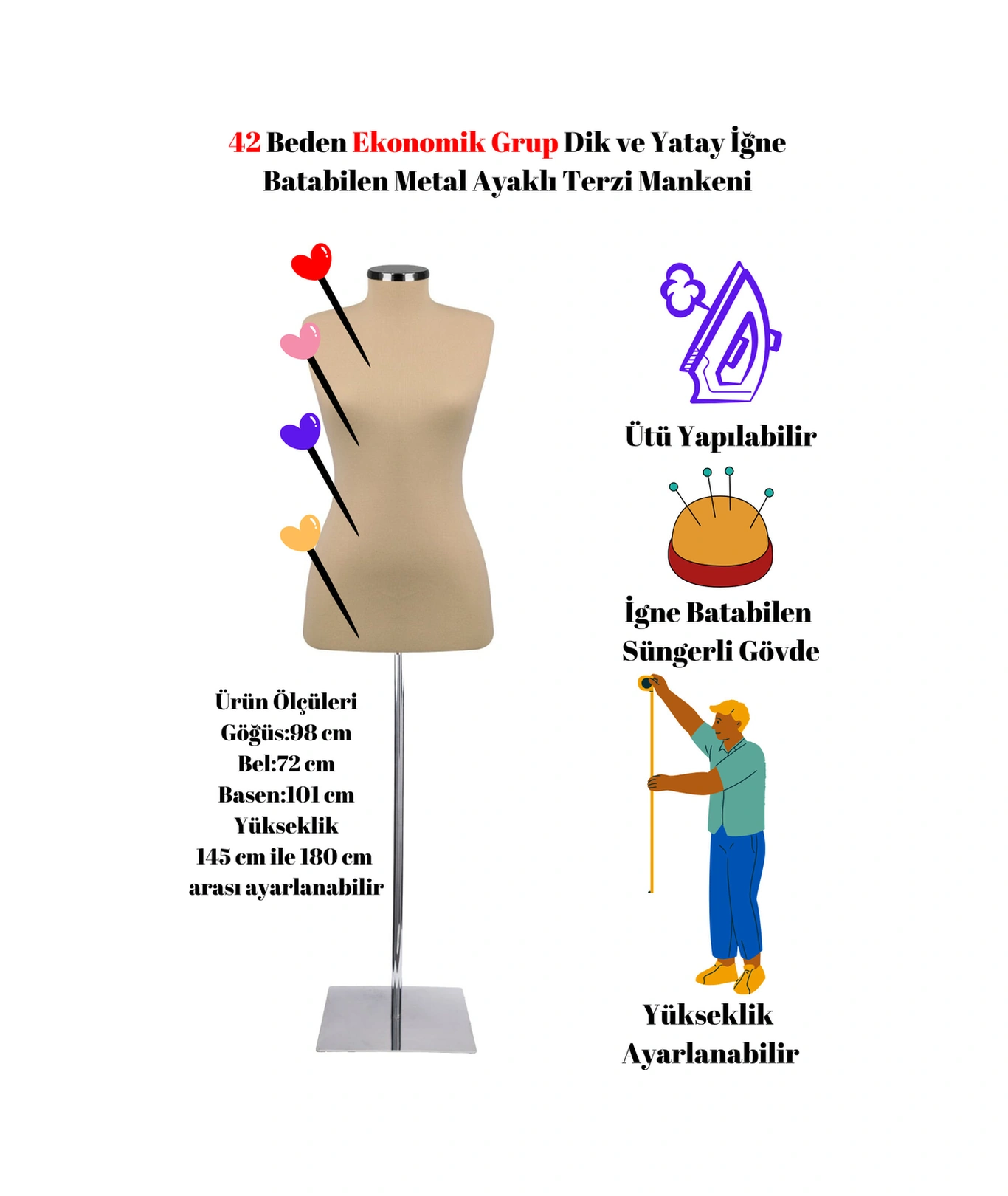 Ekonomik 42 Beden Dik Ve Yatay Iğne Batabilen Sünger Metal Ayaklı Terzi Mankeni Po-01