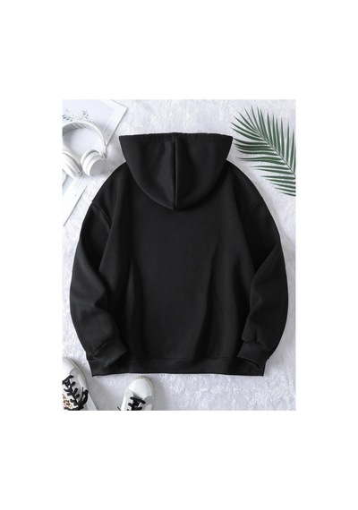 Tarzsokak Düz Renkli Baskılı Oversize Kapüşonlu Sweatshirt Siyah