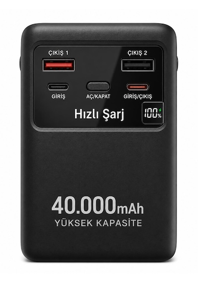 40.000mah Akıllı Hızlı Şarj Powerbank Taşınabilir Güç Kaynağı Fenerli 3 Modludijital Göstergeli 2 Çıkış 2 Giriş Taşınabilir Kollu Type-c-micro Usb-lightning-usb-a Kablolu siyah