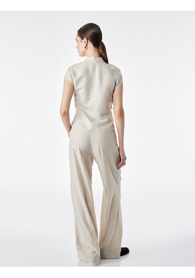 Koton Damla Pencere Detaylı Mandarin Qipao Yaka Kısa Kollu Keten Bluz Bej 7wak60173uw Ekru
