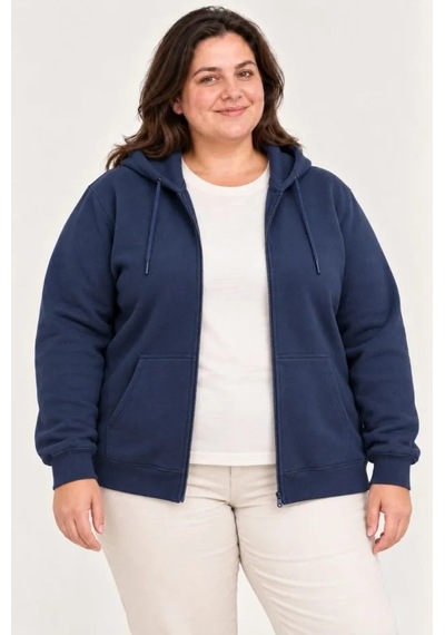 Suma Battal Büyük Beden Üç İplik İçi Şardonlu Kapüşonlu Tam Fermuarlı Kışlık Sweatshirt - Lacivert