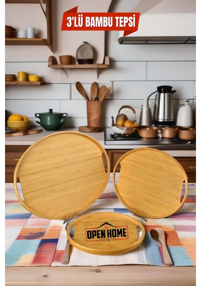 3'lü Bambu Oval Tepsi, Servis Tepsileri, Iskandinav Tepsi Seti, Çay Tepsisiı