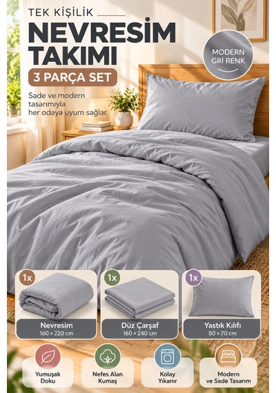 Gri Tek Kişilik Nevresim Takımı 3 Parça Düz Renk 160x220 Nevresim Çarşaf Yastık Kılıfı Sade Tasarım