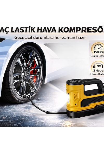 Araç Lastik Hava Kompresörü 150 Psı 12v Çakmaklık Girişli Taşınabilir Dijital Göstergeli Led Işıklı Hava Pompası Sarı