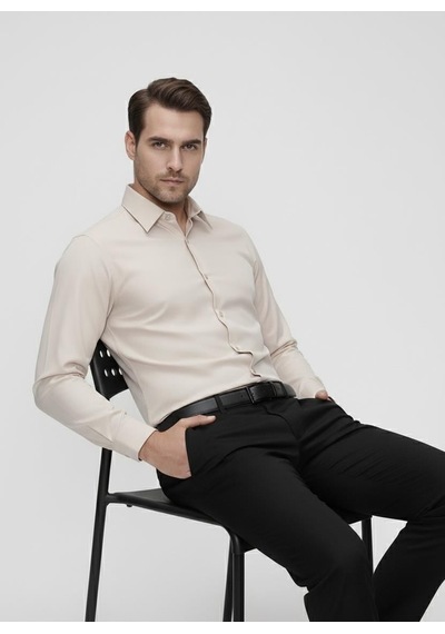 Efor Slim Fit Pamuk Saten Klasik Bej Gömlek Gk 624 Bej