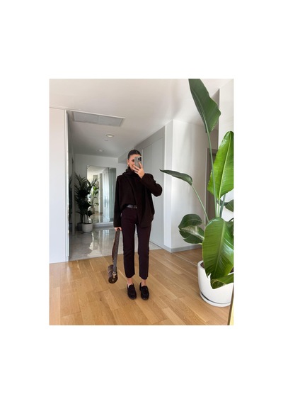 Rabia Çelik Kadın Acı Kahev Yüksek Bel Boyfit Kesim Jean Pantolon Acı Kahve Acı kahve
