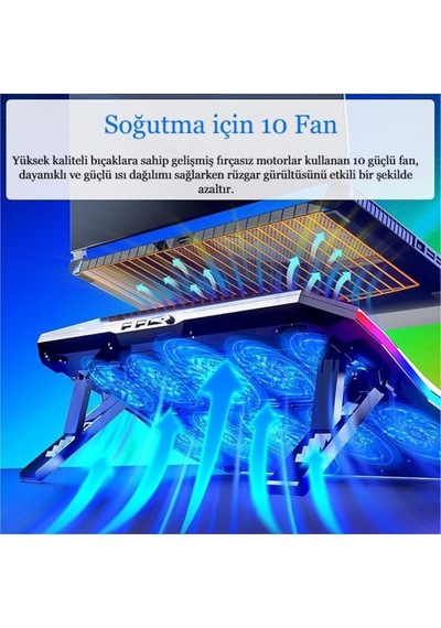 Rgb Işıklı 10 Fanlı Lcd Ekranlı Notebook Laptop Soğutucu Yükseklik Ayarlı 9-17 İnç 2 Usb Girişli Soğutucu