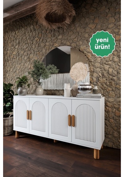 Elysia Bohem Konsol 4 Kapaklı Mdf Mebran Kapak 160 Cm Modern Salon Konsolu Beyaz