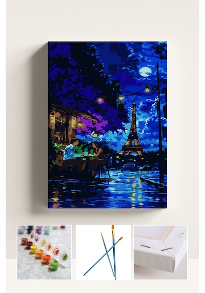 Sayılarla Boyama Seti Numaralı Tuval Fırça Boya Pariste Gece 40x50 Cm
