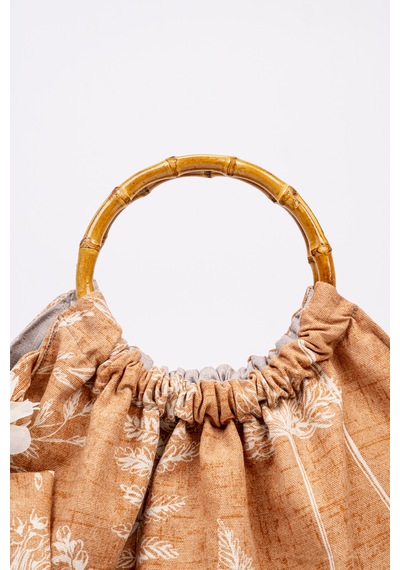 Fabric Craft Bag El Çantası Keten Kumaş Bambu Saplı Çiçek Desen Taba - Kahverengi