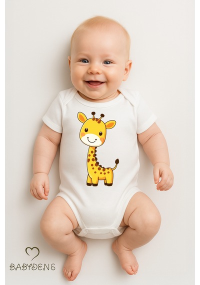 Babyden's %100 Pamuklu Sevimli Hayvan Figürlü Bebek Body Unisex Çıtçıtlı Kısa Kollu Zıbın Zürafa Beyaz