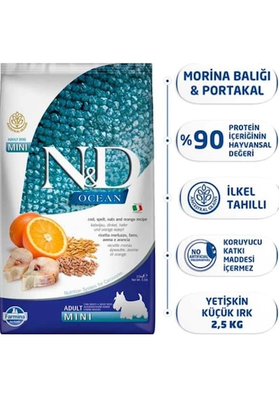 N&D Ocean Düşük Tahıllı Balıklı ve Portakallı Küçük Irk Yetişkin Köpek Maması 2500 G