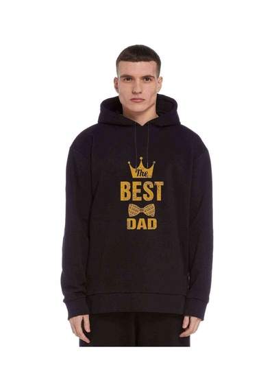 The Best Dad Baskılı Siyah Erkek Örme Kapşonlu Sweatshirt