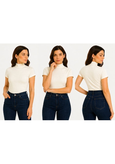İngegno Body Yarım Balıkçın Kısa Kol Viskon Örme Kumaş Body 3 Lü Paket Siyah - Ekru
