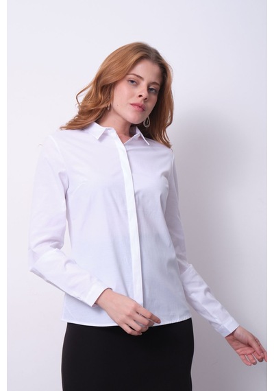 Pera Moda Kadın Basic Gizli Düğme Özellikli Gömlek Beyaz